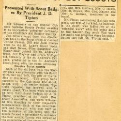 Scrapbook pp. 21-22 : articles about CAS president, camp trip, and boy scouts