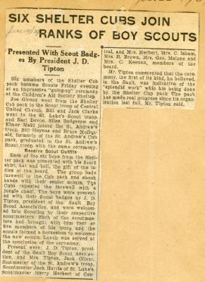Scrapbook pp. 21-22 : articles about CAS president, camp trip, and boy scouts