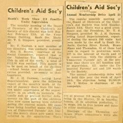 Scrapbook pp. 13-14 : articles about finding children homes, public events, and annual membership drive