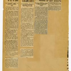 Scrapbook pp. 21-22 : articles about CAS president, camp trip, and boy scouts