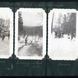 Photo album pp. 31-32 : McFadden&#039;s lumber camps (Dr. Hamill, camp cabins, etc.)