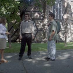 Photographs of students by the chapel
