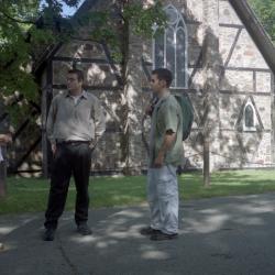 Photographs of students by the chapel