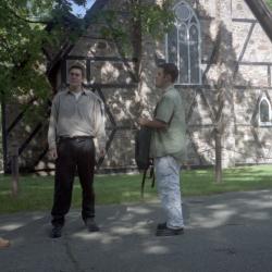 Photographs of students by the chapel