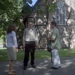 Photographs of students by the chapel