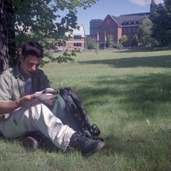 Photographs of students by the chapel