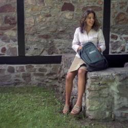 Photographs of students by the chapel