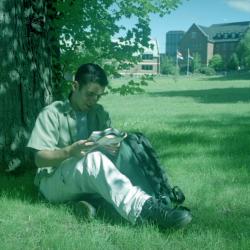 Photographs of students by the chapel