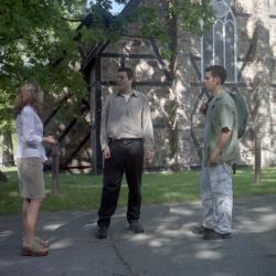 Photographs of students by the chapel